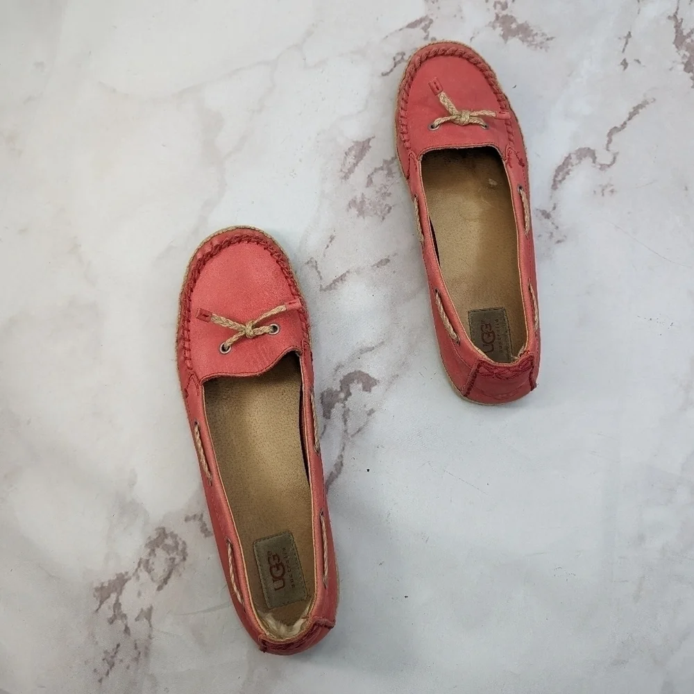Ugg Shoes Women 11 Pink Slip On Mocassin Espadrille Loafer Tomato Flats Leather